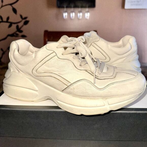 Gucci Rython Men's Distressed Logo Leather Sneakers in Cream - Picture 8 of 14